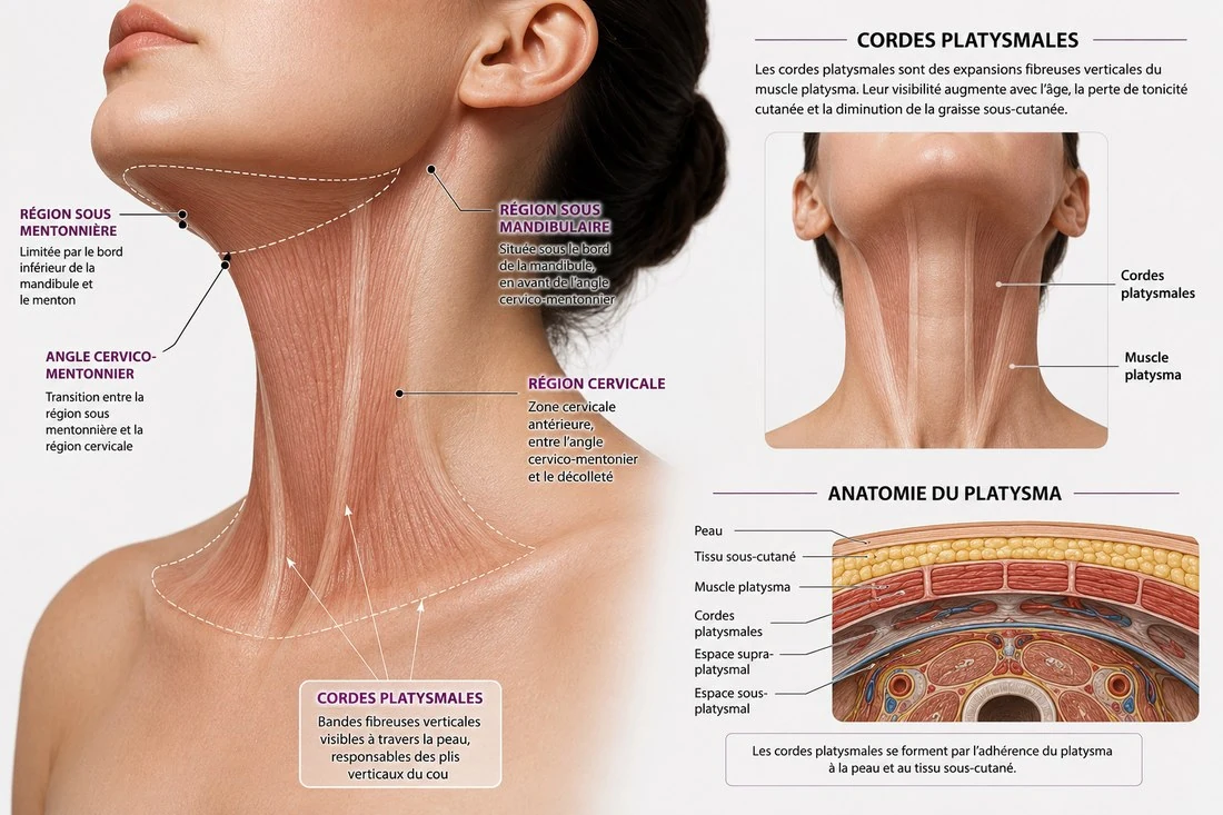 Anatomie du cou et du double menton : angle cervico-mentonnier, muscle platysma et cordes platysmales — Dr Stroumza-Escoffier, chirurgien plasticien Paris