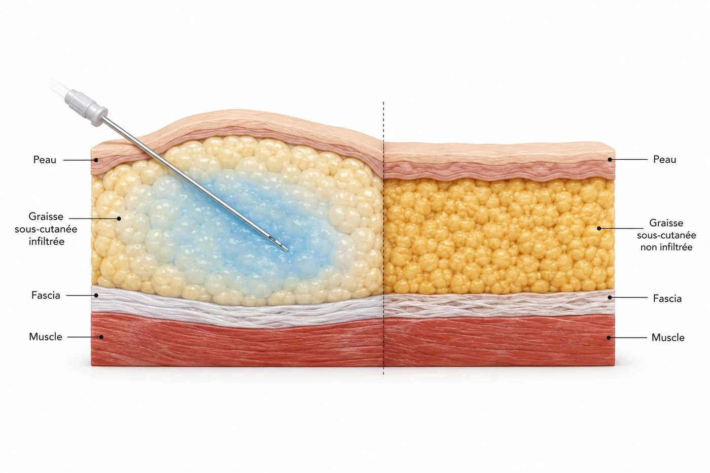 Coupe anatomique de l’infiltration tumescente : comparaison entre tissu graisseux infiltré, distendu, et tissu non infiltré