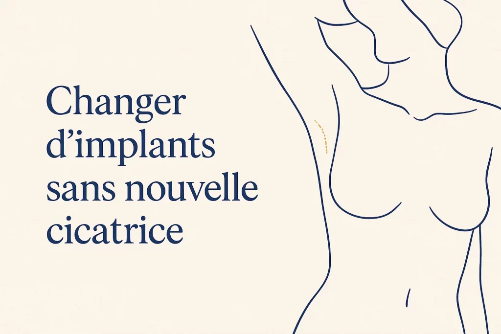 Illustration : changement d’implants mammaires par la cicatrice axillaire, sans nouvelle cicatrice sur le sein — Dr Stroumza-Escoffier, Paris