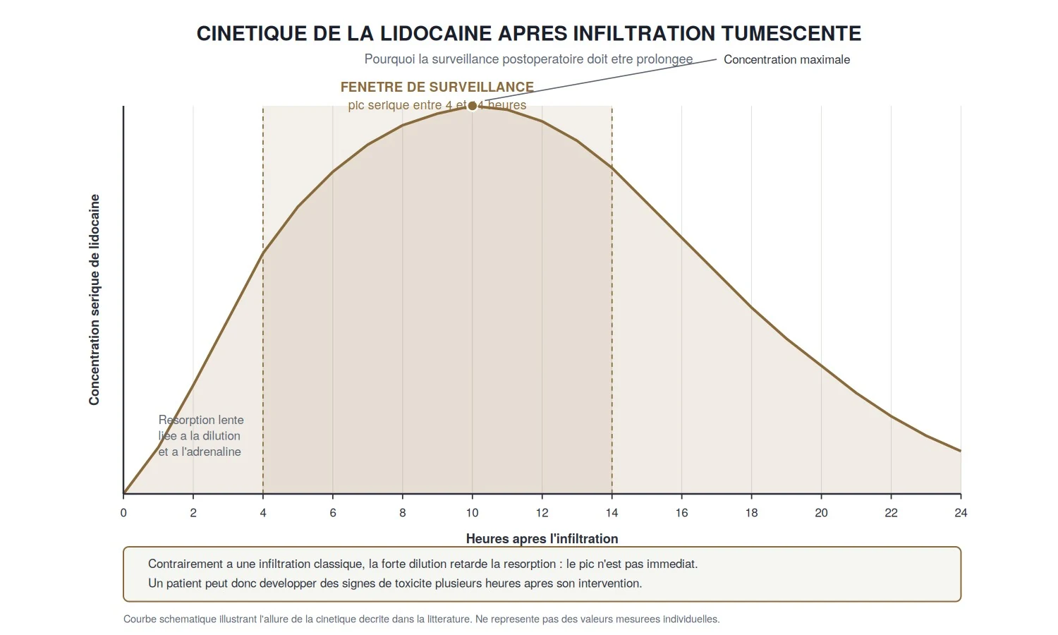 Courbe de la concentration sérique de lidocaïne après infiltration tumescente, avec pic entre 4 et 14 heures et fenêtre de surveillance