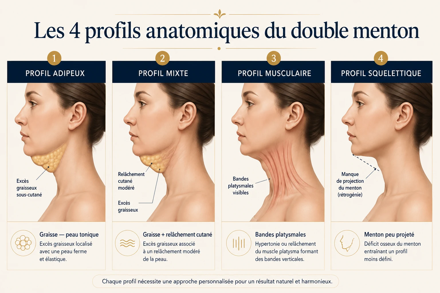 Les quatre profils anatomiques du double menton : adipeux, mixte, musculaire et squelettique — Dr Stroumza-Escoffier, chirurgien plasticien Paris