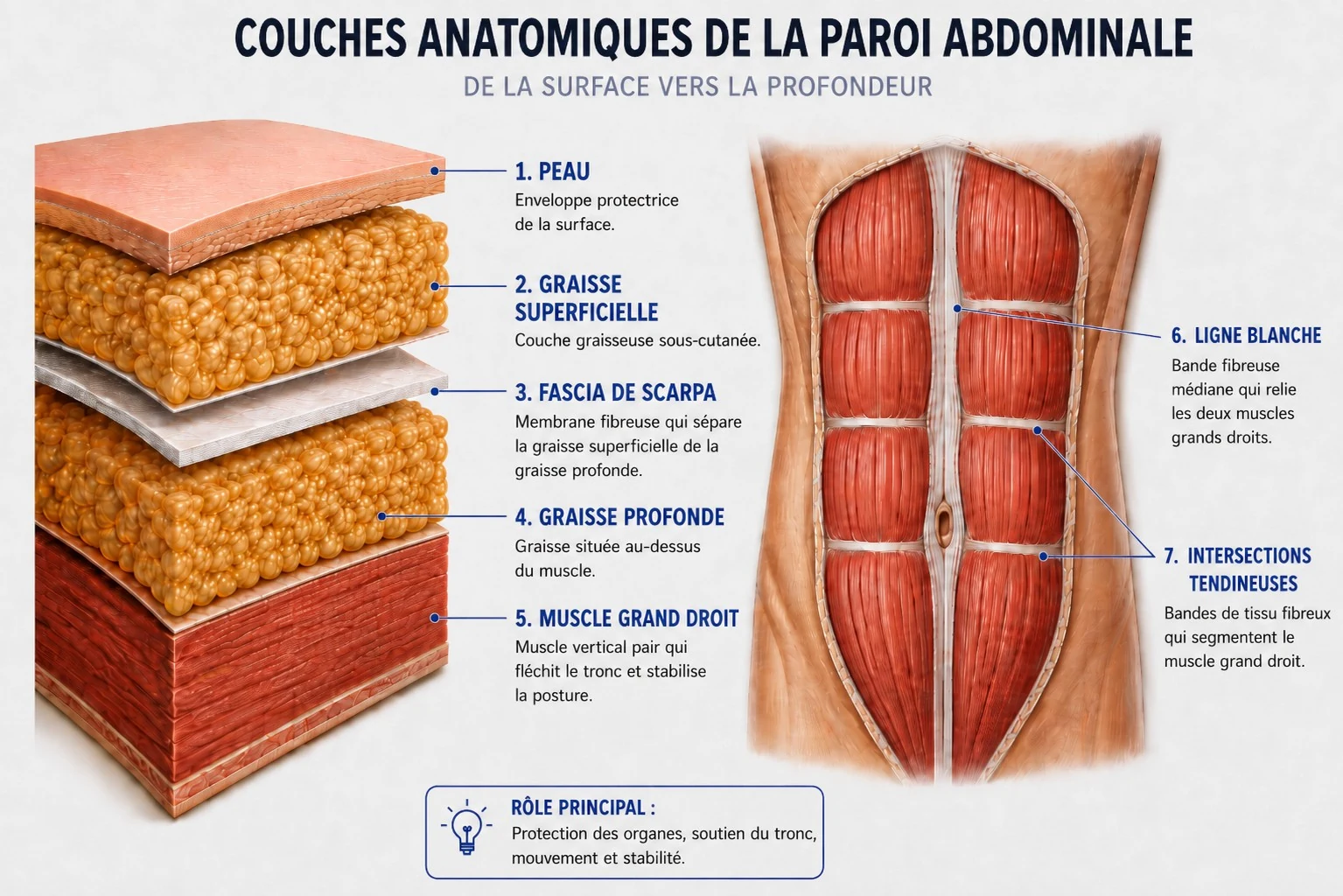 Schéma des couches anatomiques de la paroi abdominale : peau, graisse superficielle, fascia de Scarpa, graisse profonde, muscle grand droit, ligne blanche et intersections tendineuses