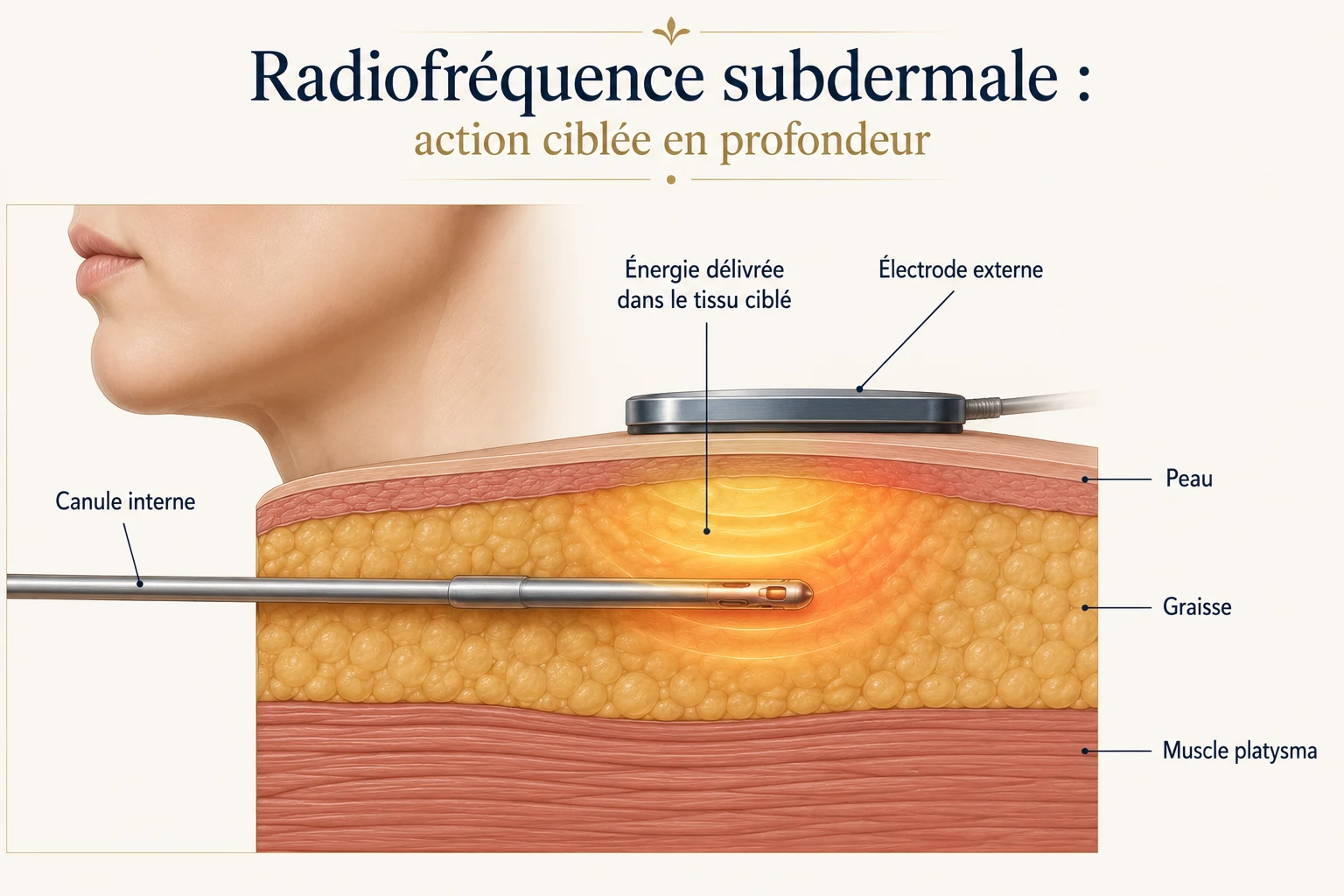Radiofréquence subdermale du cou : énergie délivrée entre une canule interne et une électrode externe, chauffant le tissu ciblé — Dr Stroumza-Escoffier, Paris