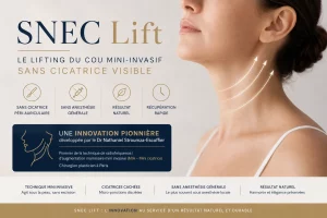Infographie SNEC Lift, lifting du cou mini-invasif sans cicatrice visible développé par le Dr Nathaniel Stroumza-Escoffier, chirurgien plasticien à Paris