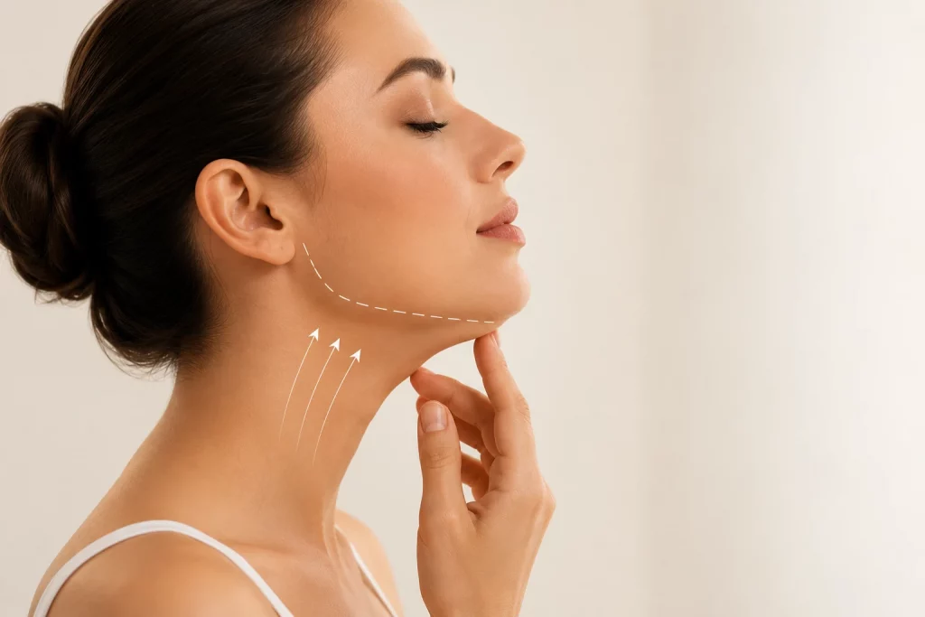 Profil féminin mettant en évidence l’angle cervico-mentonnier et la ligne mandibulaire — traitement du double menton, Dr Stroumza-Escoffier, Paris