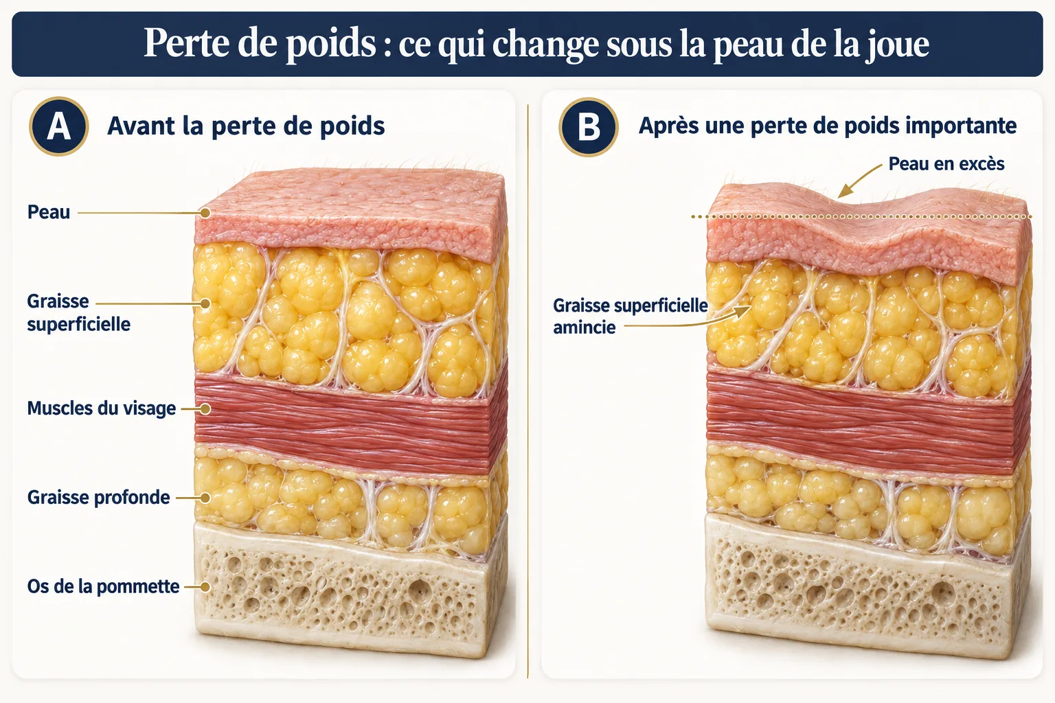 Schéma en coupe de la joue avant et après une perte de poids importante : fonte de la graisse superficielle et excès de peau