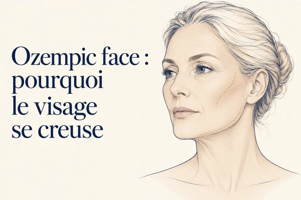 Ozempic face : pourquoi le visage se creuse — illustration d’un visage de femme de trois quarts, joue et ovale légèrement creusés