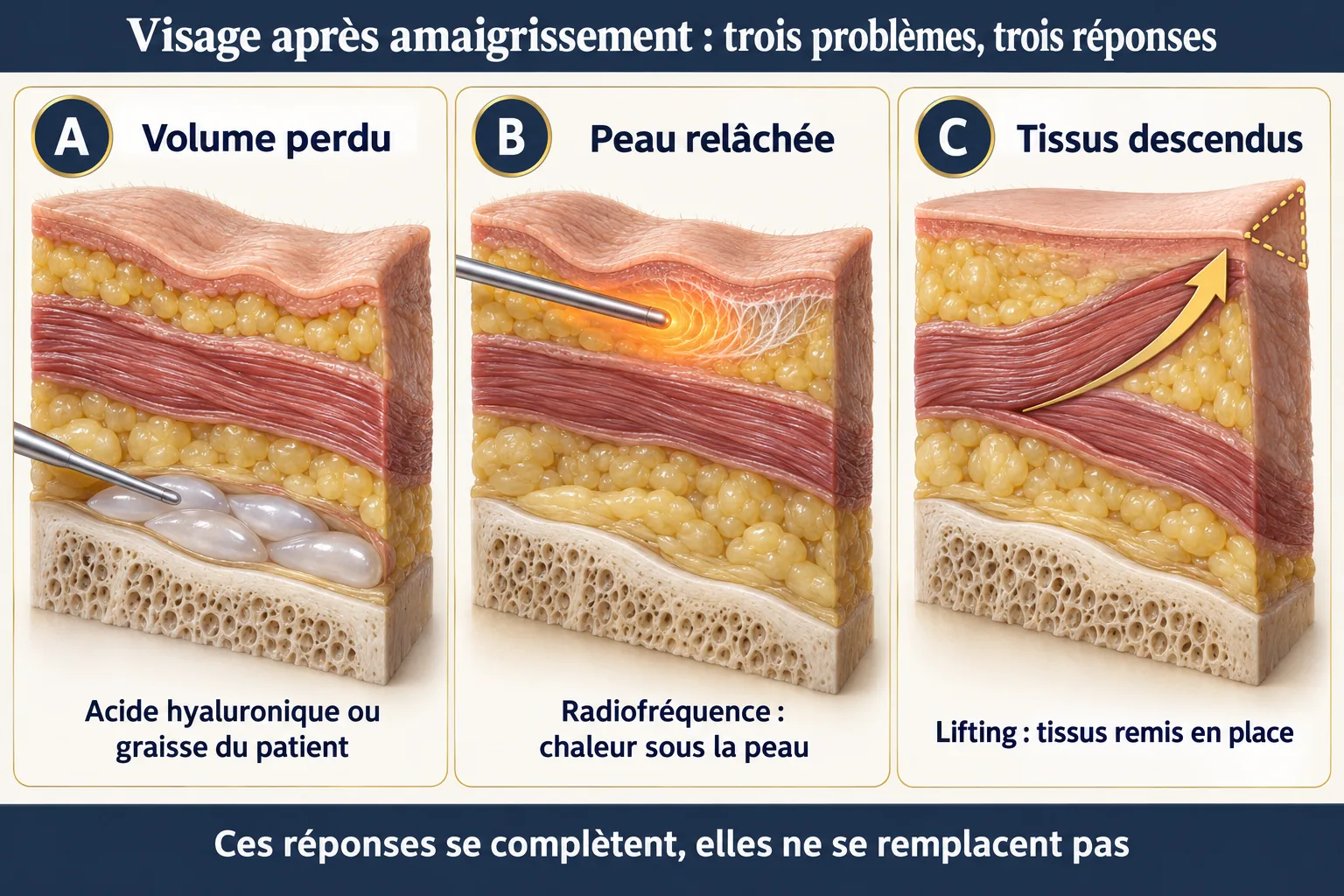 Schéma des trois problèmes du visage après amaigrissement : volume perdu, peau relâchée, tissus descendus, et leurs traitements